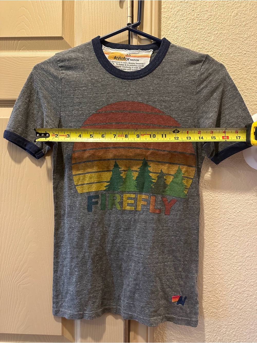 Aviator Nation Firefly Graphic Ringer Tee in Heather Gray with Navy Trim XS - Picture 6 of 7